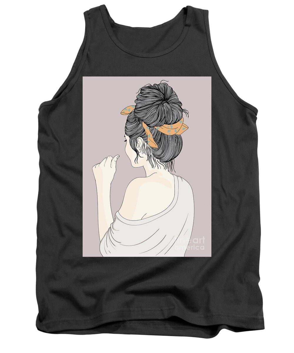 Graphic Tank Top featuring the digital art Fashion Girl With Pretty Hairstyle - Line Art Graphic Illustration Artwork by Sambel Pedes