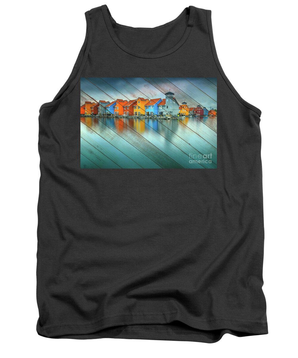 Sea Tank Top featuring the photograph Faux Wood Blue Morning at Waters Edge Groningen Coastal Landscape Photograph by PIPA Fine Art - Simply Solid