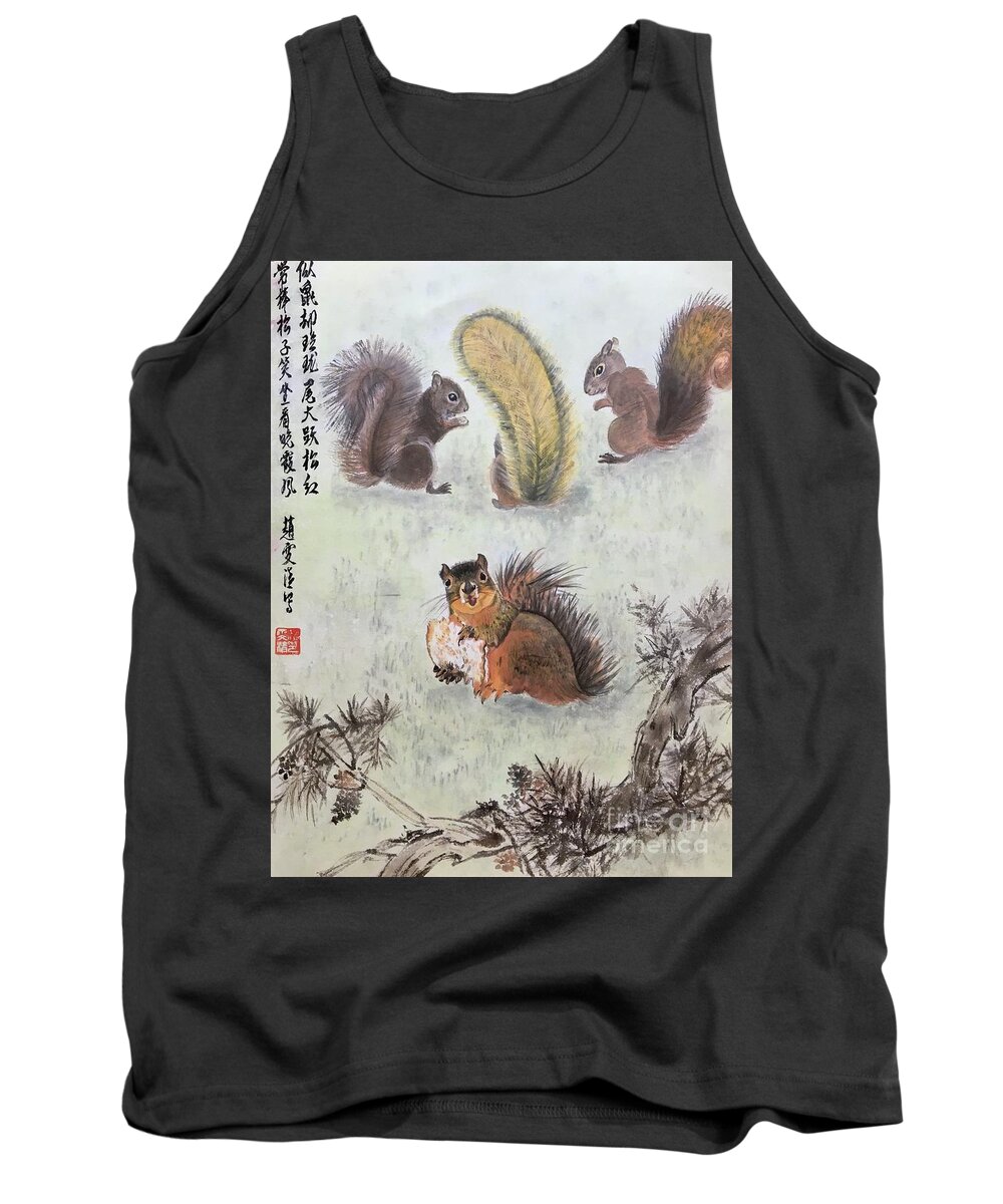 Squirrel Tank Top featuring the painting Four Squirrels In The Neighborhood - 2 by Carmen Lam