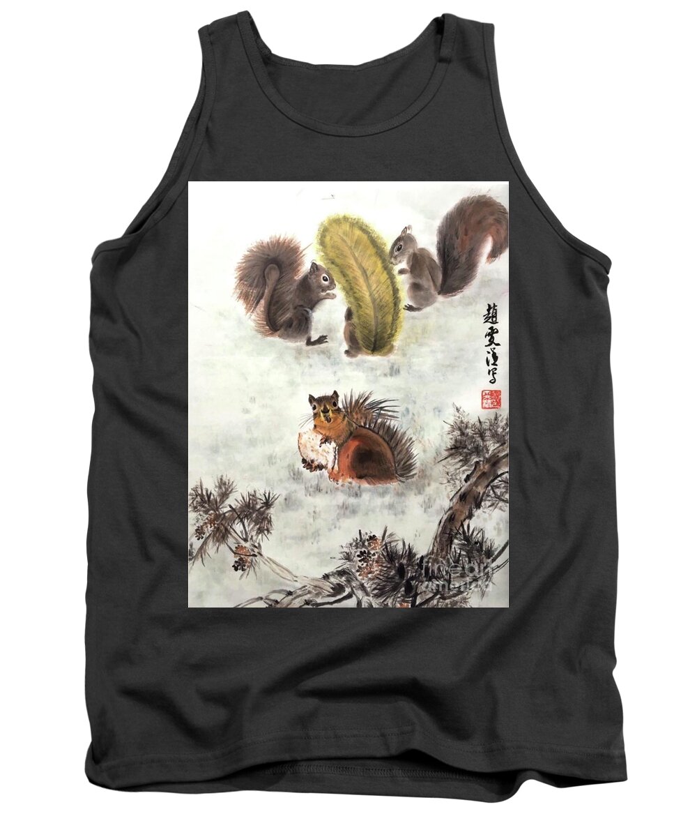 Squirrels Tank Top featuring the painting Four Squirrels In The Neighborhood by Carmen Lam