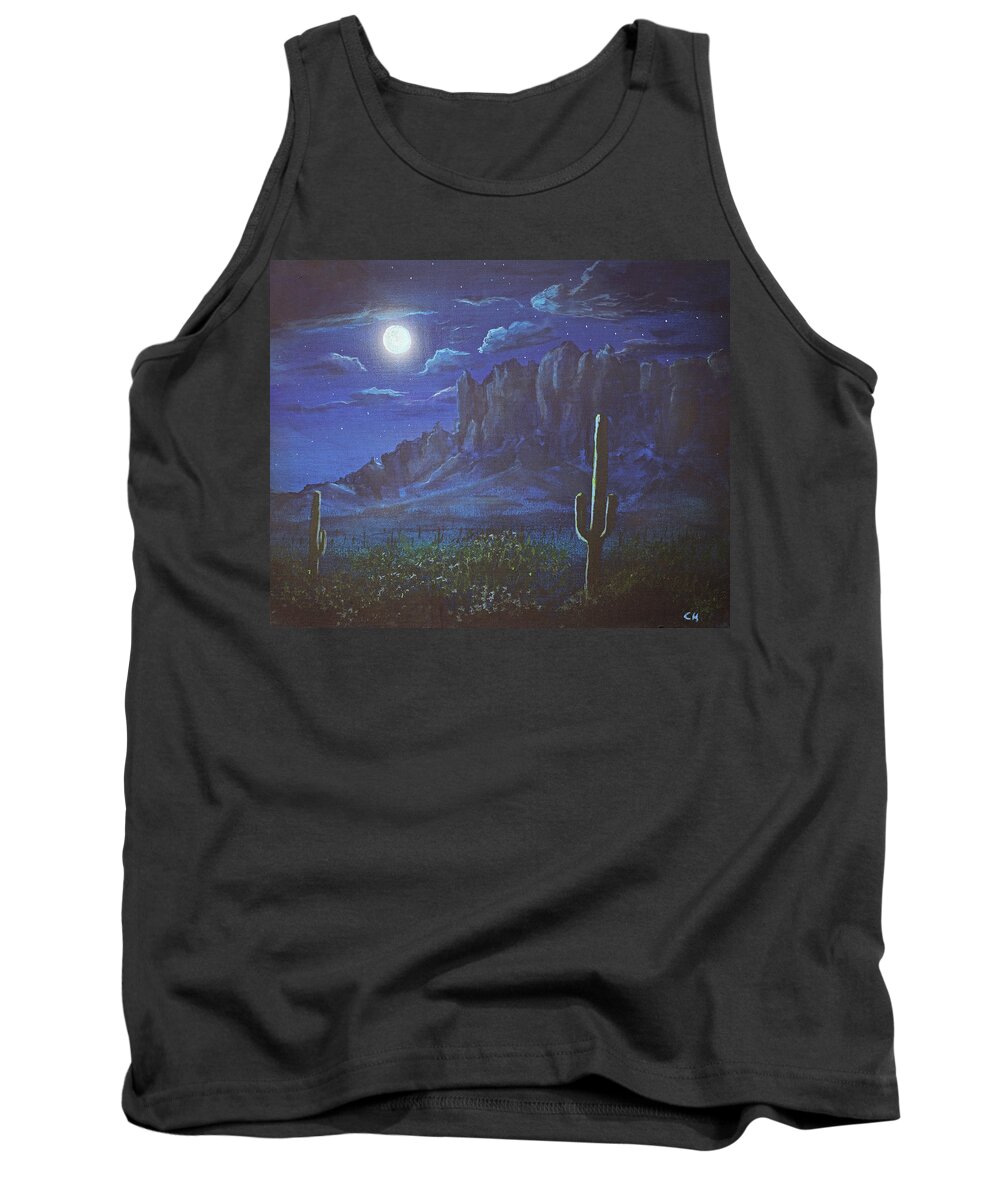 Superstition Mountains Tank Top featuring the painting Full Moon over the Superstition Mountains, Arizona by Chance Kafka
