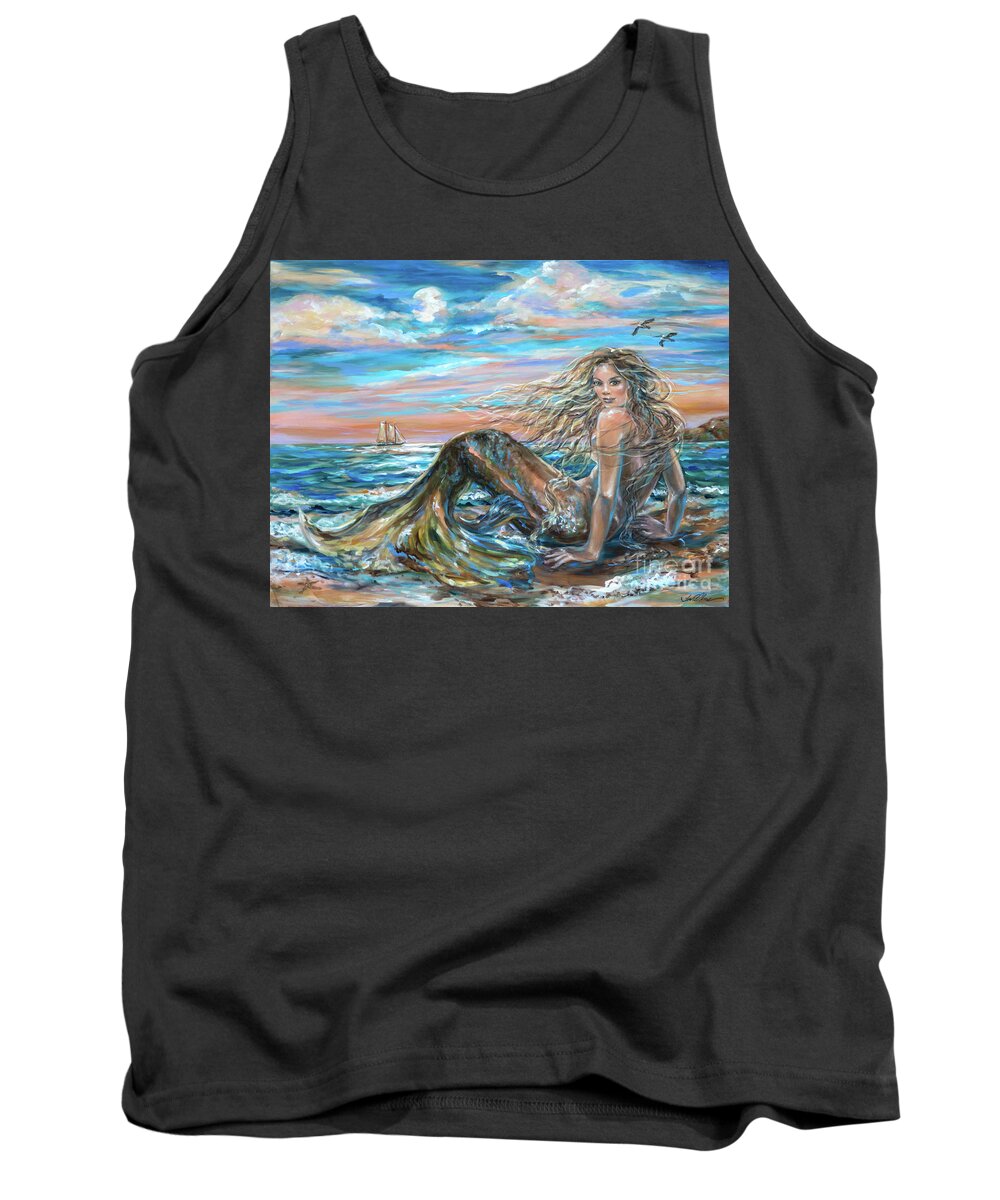 Ocean Tank Top featuring the painting Full Moon Siren by Linda Olsen
