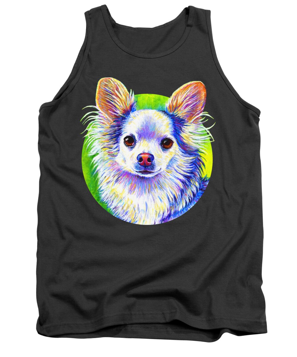 Chihuahua Tank Top featuring the painting Colorful Cute Longhaired Chihuahua Dog by Rebecca Wang