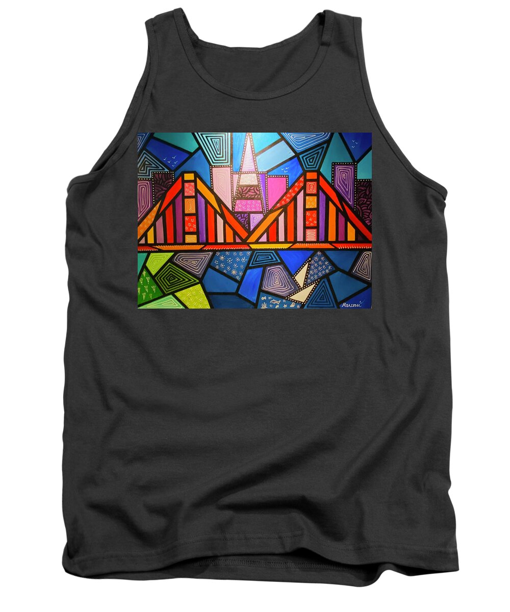 San Francisco Tank Top featuring the painting Golden Gate to My Heart by Marconi Calindas
