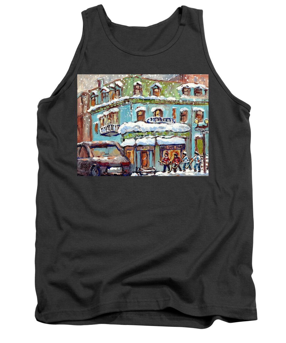 Montreal Tank Top featuring the painting Grocery Store Corner Milton And Durocher Near Mcgill C Spandau Montreal Winter Scene Hockey Artist by Carole Spandau