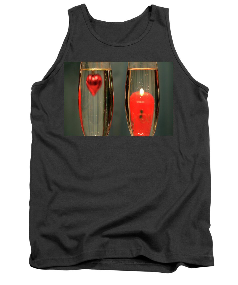 Champagne Tank Top featuring the photograph Heart And Candle In Glasses With Champagne by Mikhail Kokhanchikov
