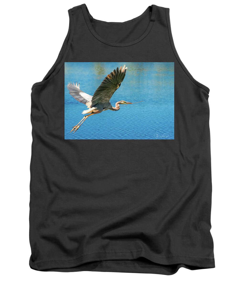 Heron Building Nest Tank Top featuring the photograph Heron Bearing Gifts by Susan Molnar
