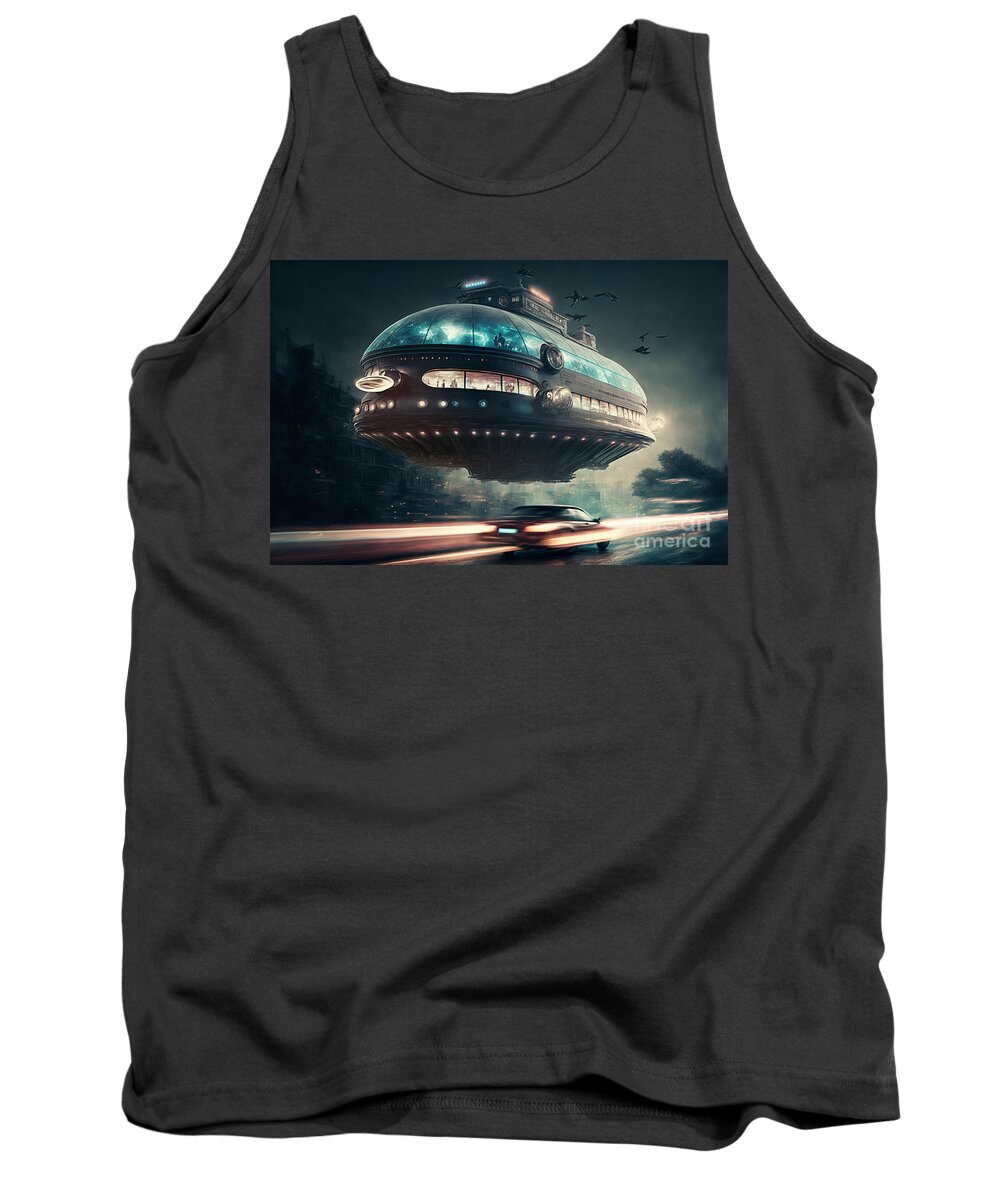 Hovering Ufo Tank Top featuring the mixed media Hovering UFO VIII by Jay Schankman