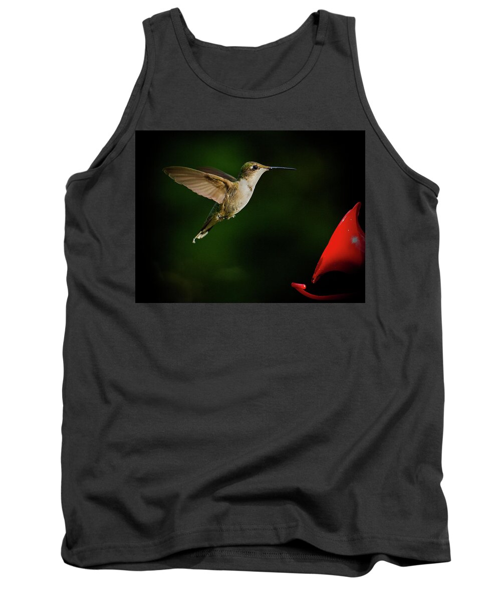 Approaching Tank Top featuring the photograph Hummingbird Closes in on Feeder by Charles Floyd