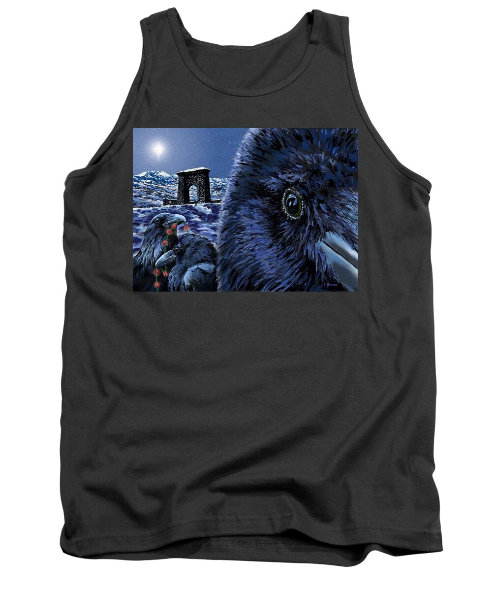 Raven Christmas Cards Tank Top featuring the digital art In the Eye of the Raven, For the Benefit and Enjoyment of the People by Les Herman