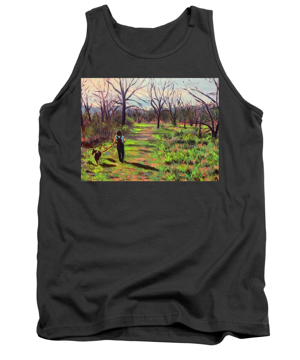 Woods Trees Woman Dog Tank Top featuring the painting Into the Woods by Beth Riso