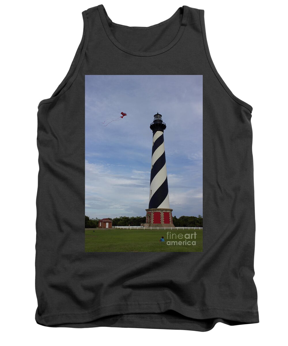 Obx Tank Top featuring the photograph Kite at Cape Hatteras Lighthouse by Annamaria Frost