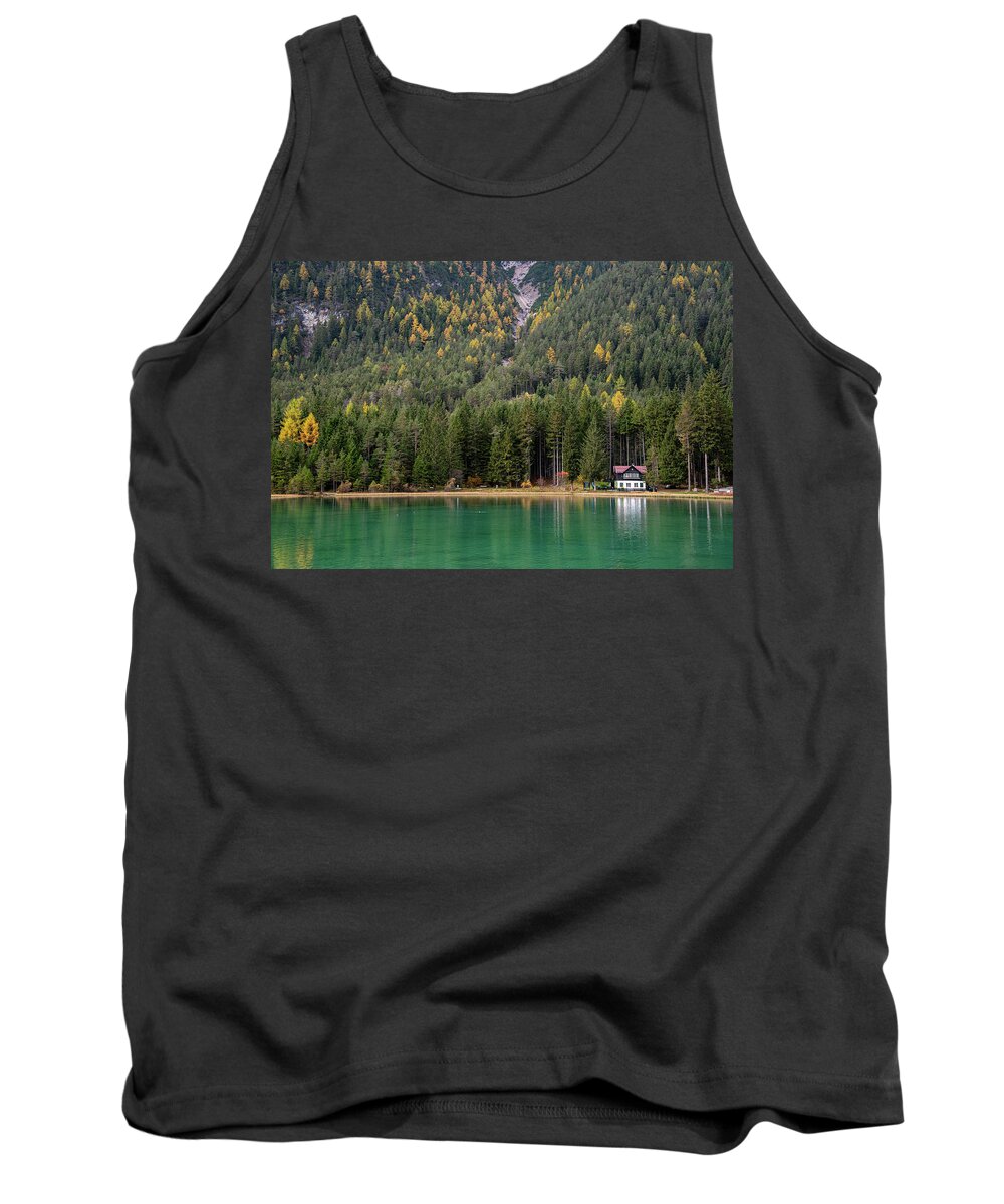 Italy Tank Top featuring the photograph House in the lake and forest. Lago di dobbiaco lake. Italian aps by Michalakis Ppalis