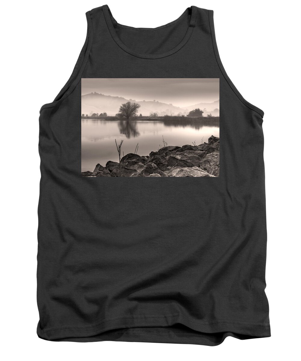 Vacaville Tank Top featuring the photograph Lake and rolling hills in the fog by Alessandra RC