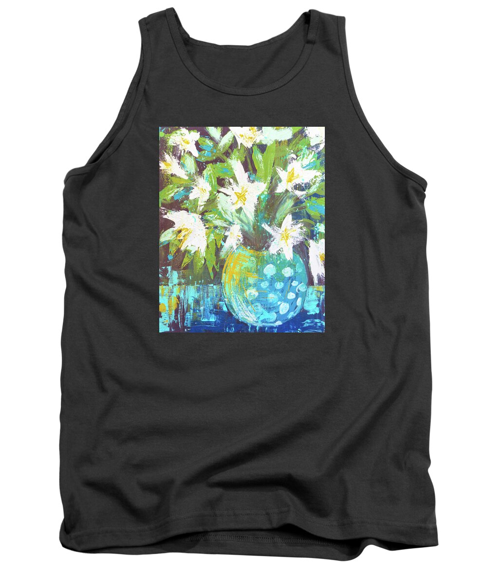 Lilies Tank Top featuring the painting Lilies in Teal Polka Dots by Joanne Herrmann