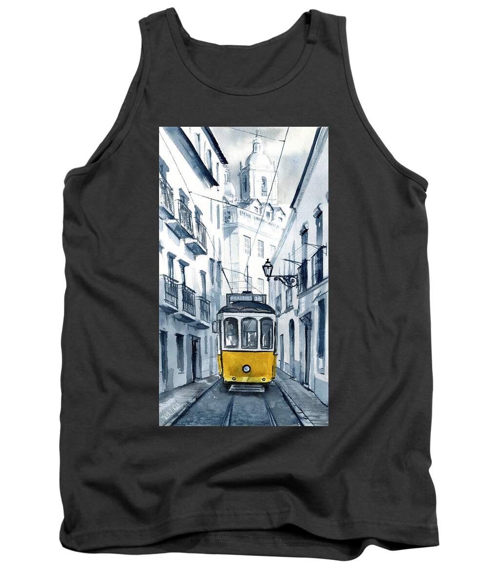 Tram Tank Top featuring the painting Lisbon 28 Yellow Tram in Alfama by Dora Hathazi Mendes