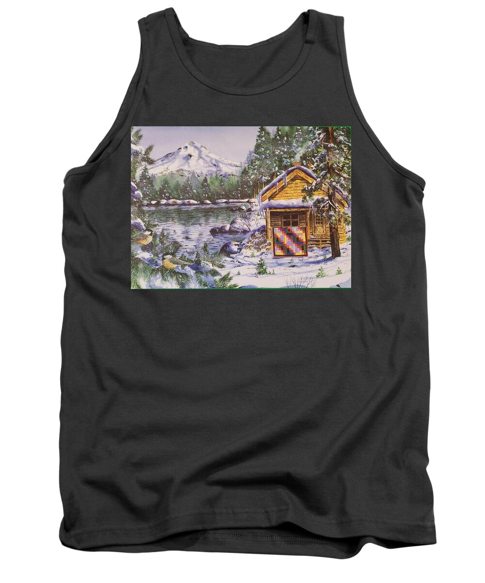 Log Cabin Tank Top featuring the painting Log Cabin Mountain Quilt by Diane Phalen