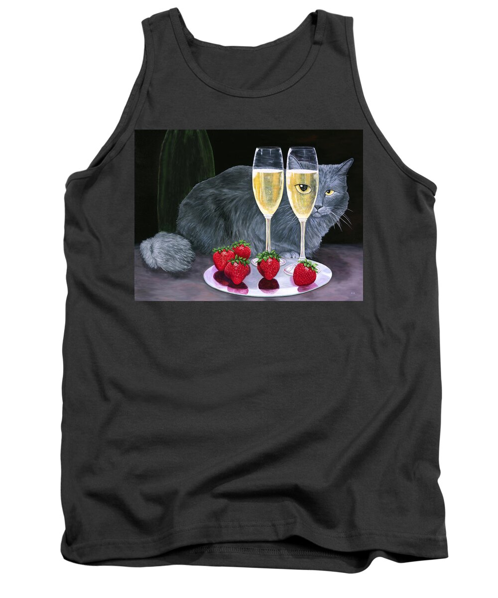 Karen Zuk Rosenblatt Tank Top featuring the painting Long Haired Gray Cat with Champagne and Strawberries by Karen Zuk Rosenblatt