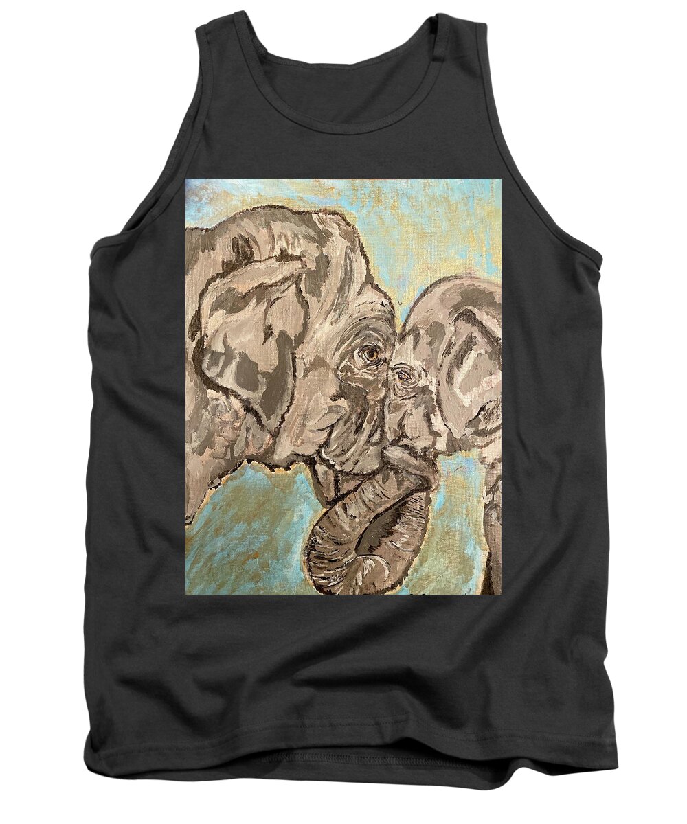 Mother And Baby Elephant Tank Top featuring the painting Elephant Mother And Baby Trunks Entangled by Melody Fowler