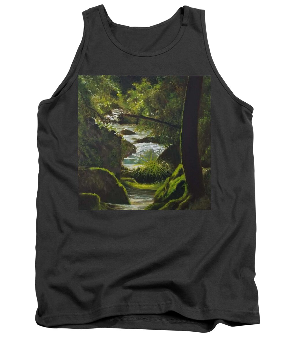 Water Trees Green Tank Top featuring the painting Magic Stream by Caroline Philp