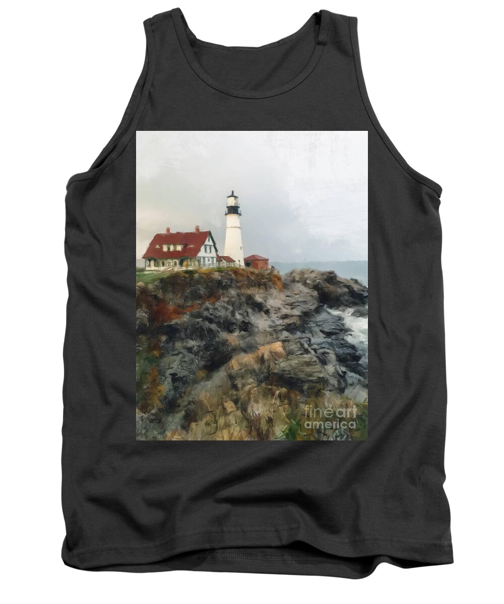 Maine Lighthouse Tank Top featuring the painting Maine Lighthouse by Gary Arnold