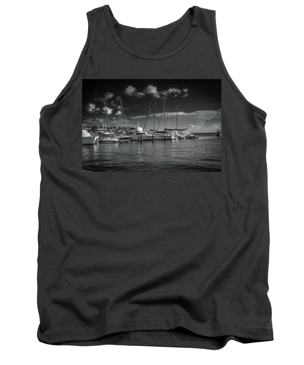 Black And White Tank Top featuring the photograph Marina at Aruba by James C Richardson