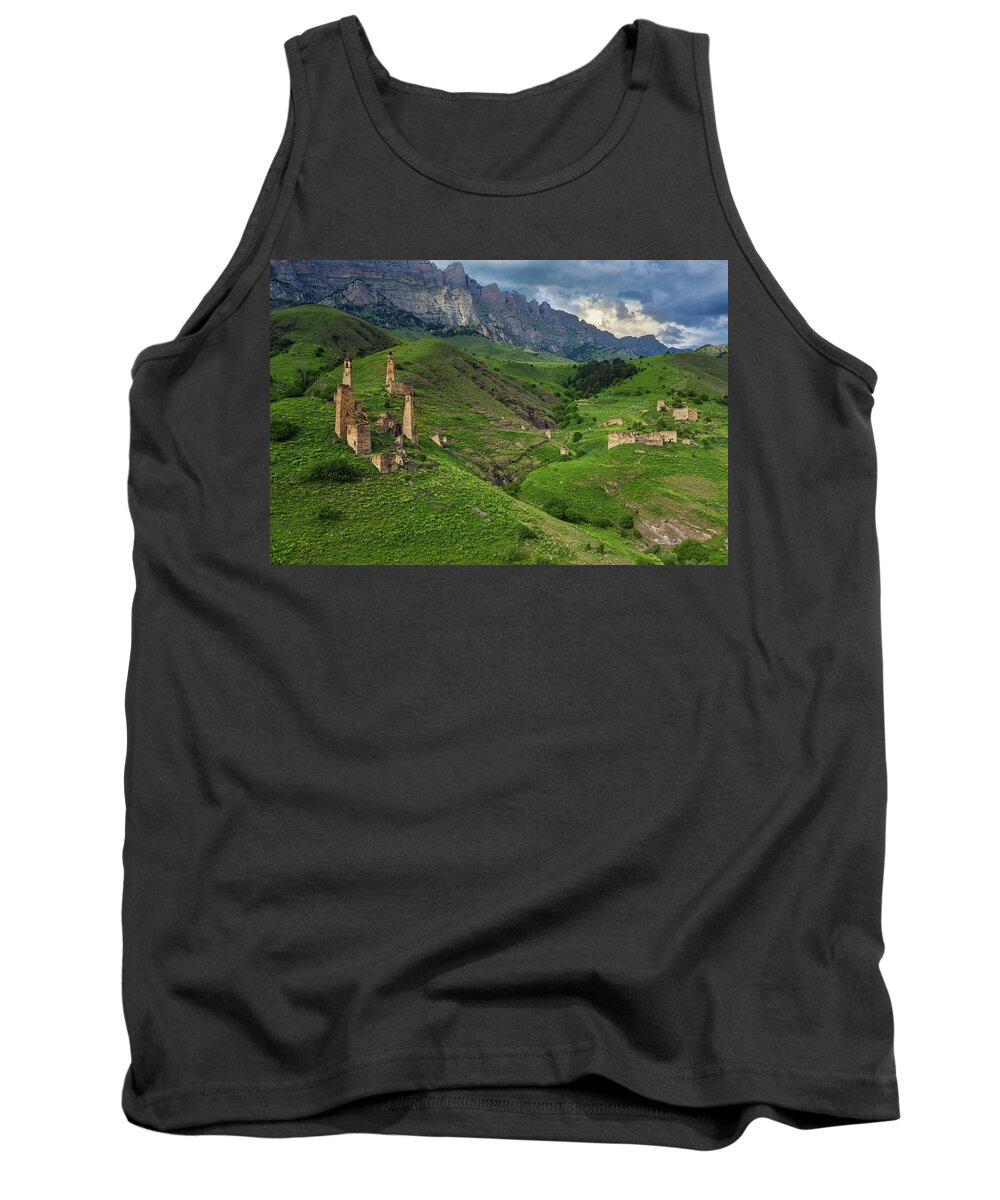 Tower Tank Top featuring the photograph Medieval tower complex in mountains by Mikhail Kokhanchikov