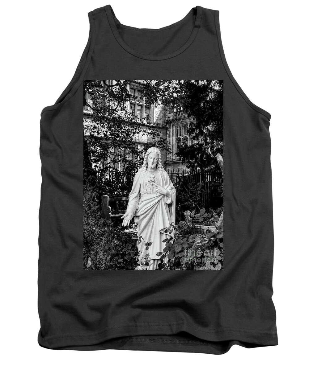 Monochrome Tank Top featuring the photograph Monochrome of A statue of Christ in The Church of the Holy Name of Jesus Oxford Road, Manchester, by Pics By Tony