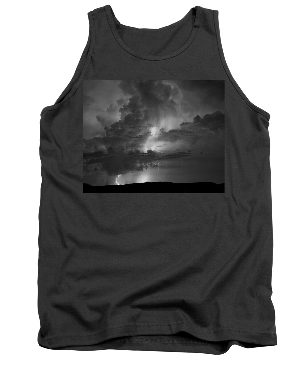 Lightning Tank Top featuring the photograph Monochrome View of Summer Lightning Strikes by Charles Floyd