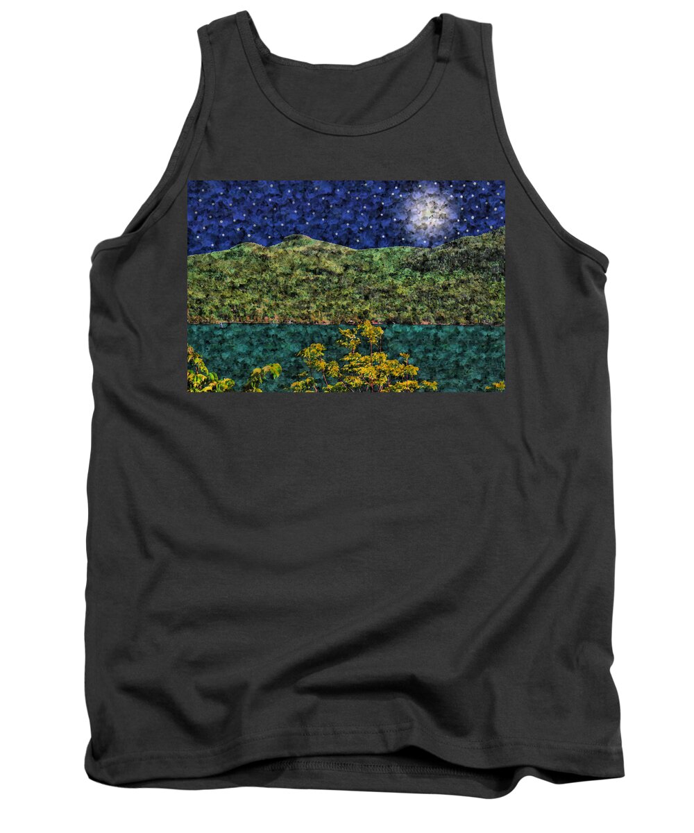 Moon Tank Top featuring the digital art Moon and Stars Over Huletts on Lake George by Russel Considine