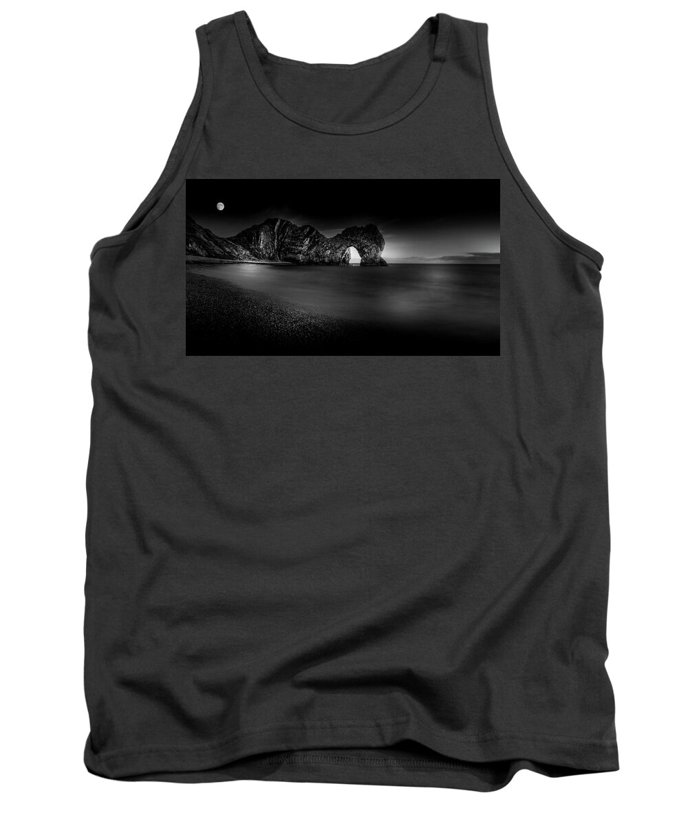 Black Tank Top featuring the photograph Moon over Durdle Door by Chris Boulton