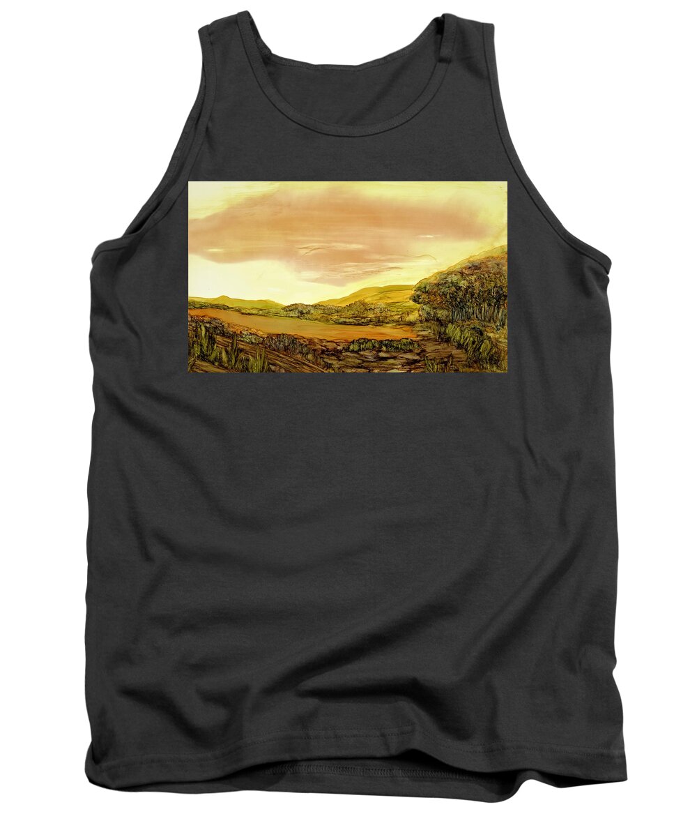 Sun Tank Top featuring the painting Morning at the fence line by Angela Marinari