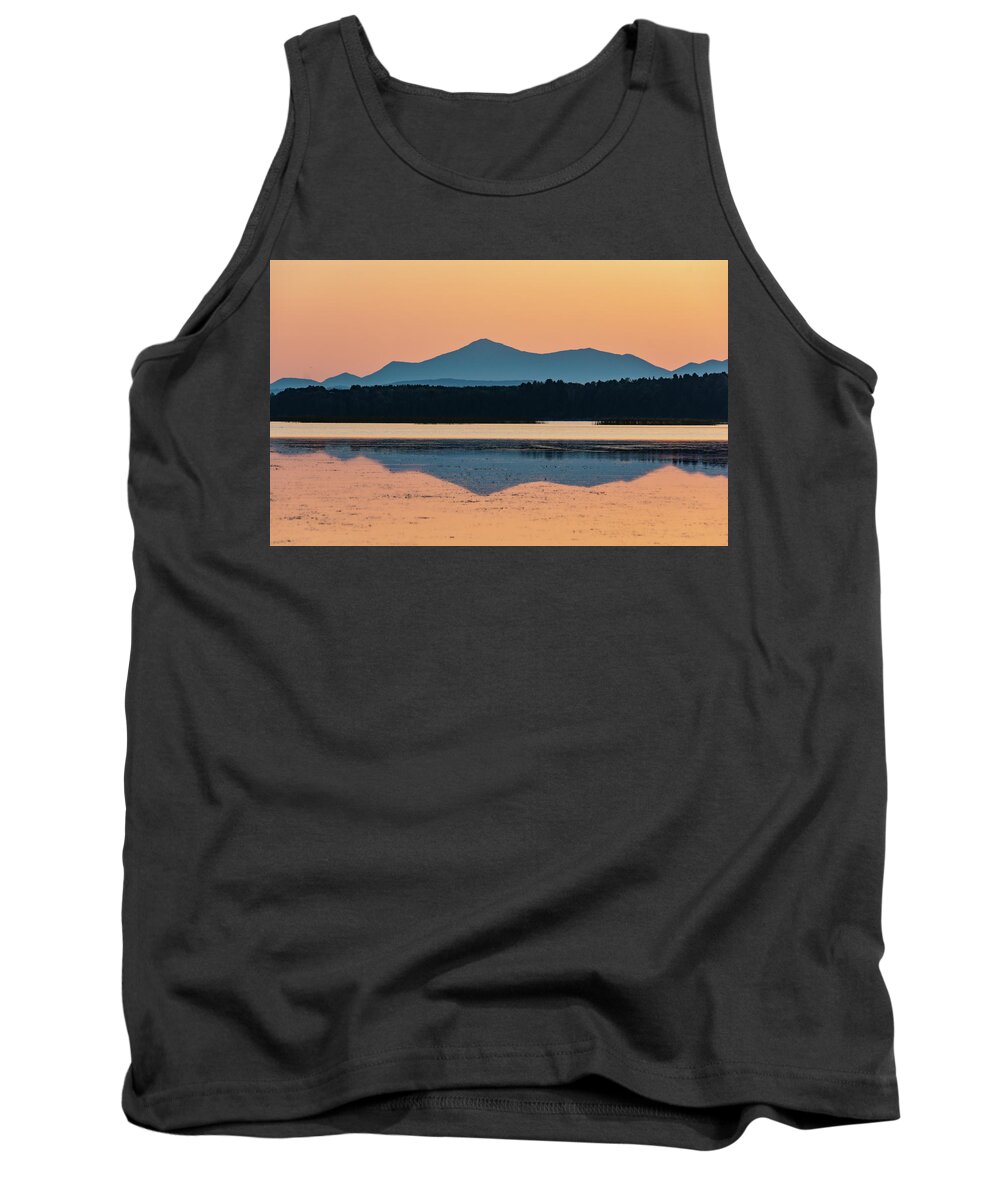 Sunset Tank Top featuring the photograph Mountain Reflections on Lake Champlain after sunset by Ann Moore