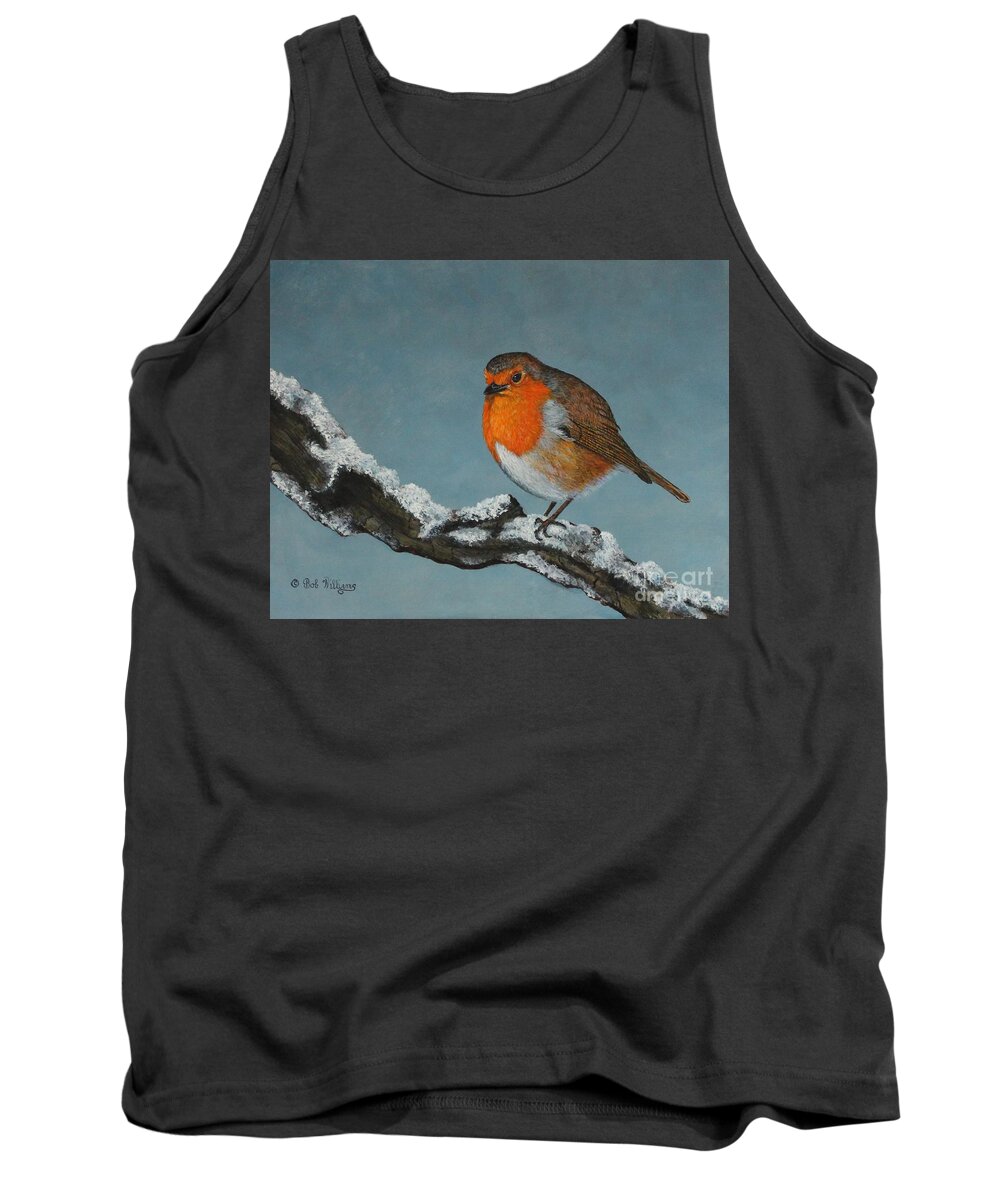 Robin Tank Top featuring the painting Mr Robin Toughening Out Mr Winter by Bob Williams