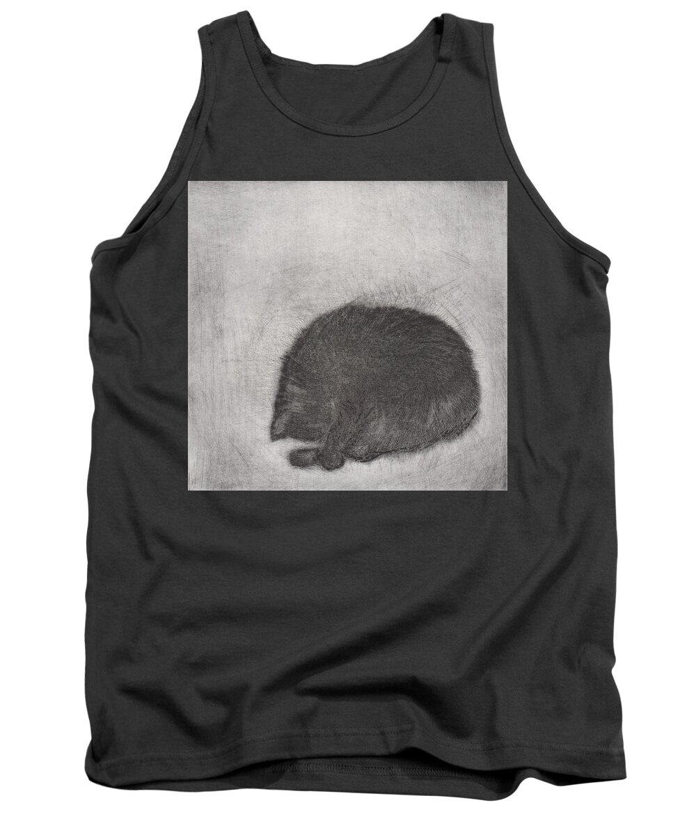 Cat Tank Top featuring the drawing Nonchaloir - etching by David Ladmore