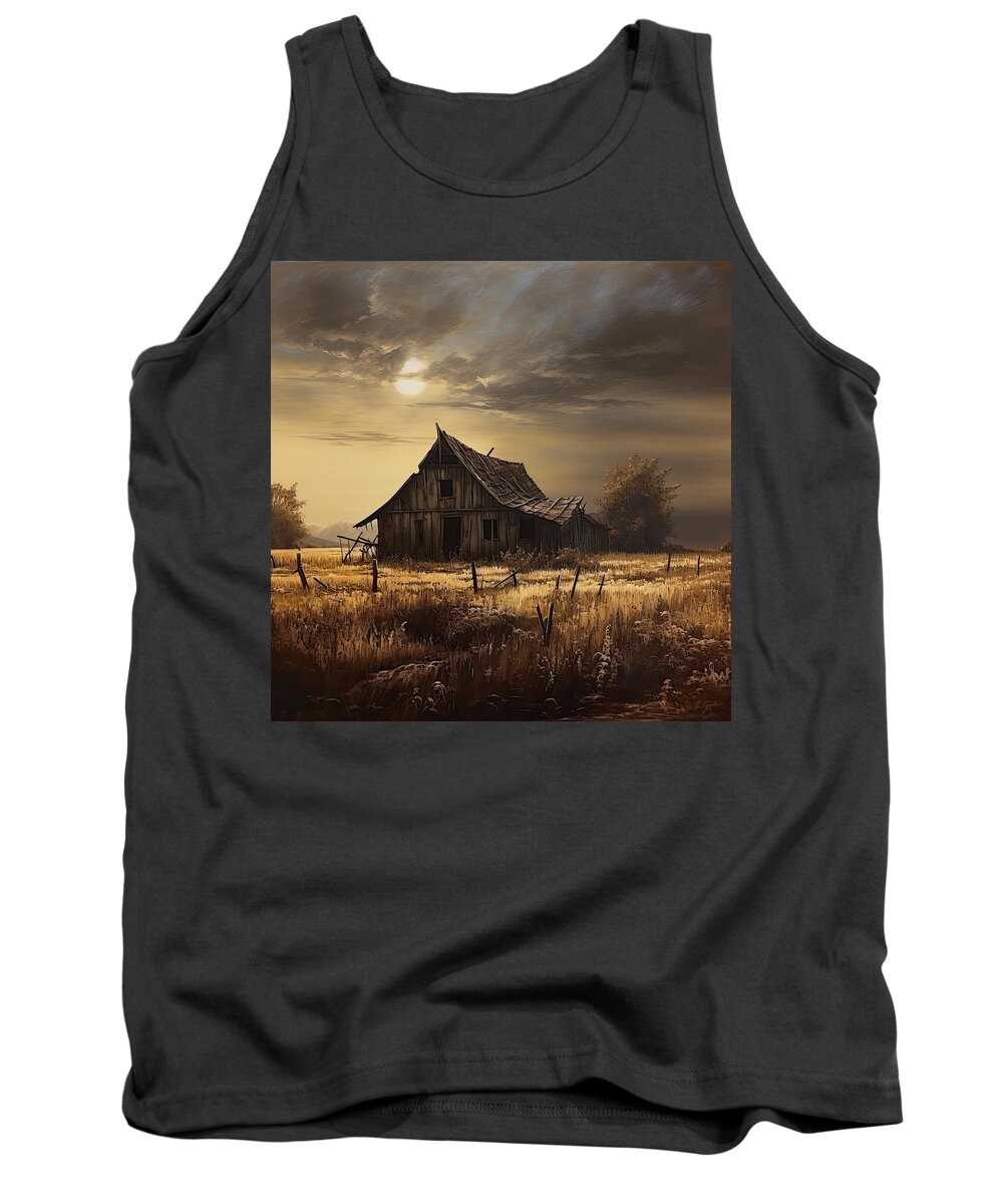 Old Barn Tank Top featuring the digital art Old English Barn - Country Scene with an Old Shack, Ominous Clouds, and a Moon by Lourry Legarde