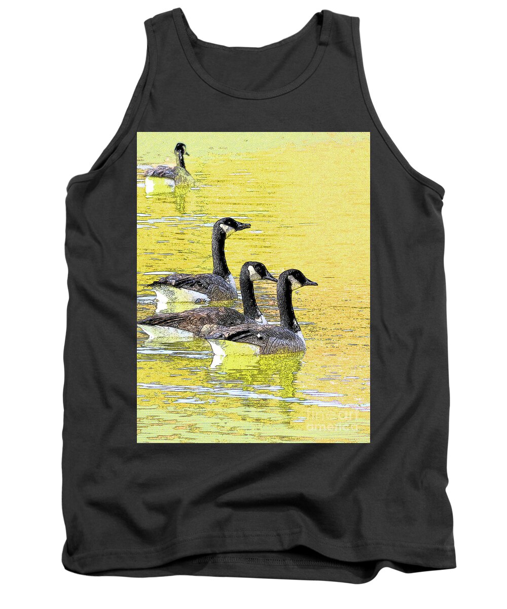 Canadian Geese Tank Top featuring the photograph On Golden Pond by Mafalda Cento