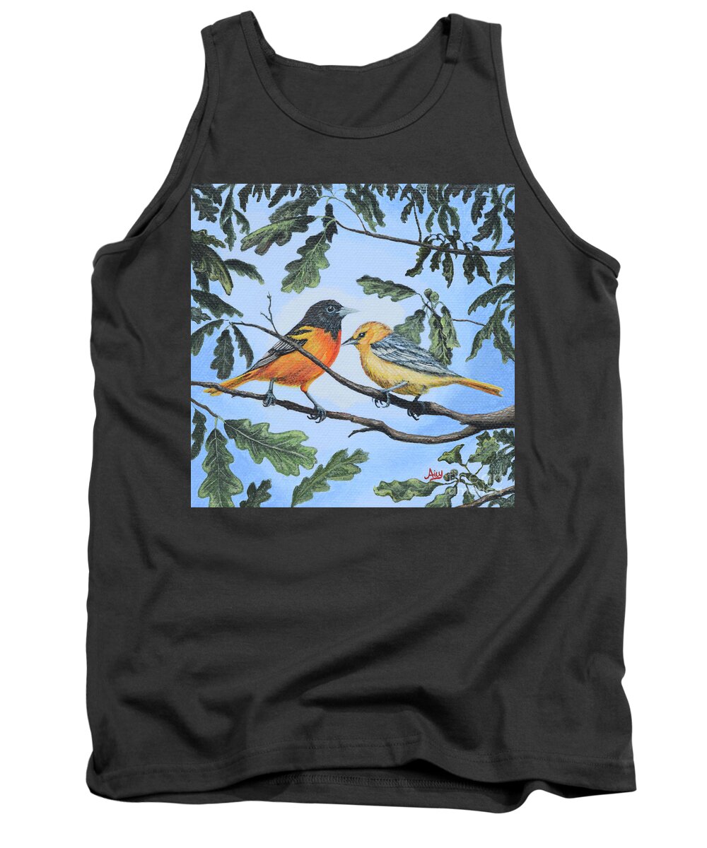 Birds Tank Top featuring the painting Oriole Birds on White Oak Tree by Aicy Karbstein