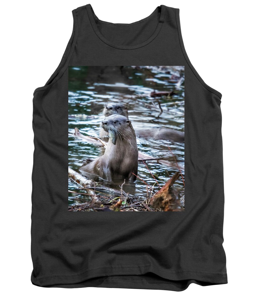 North American River Otter Tank Top featuring the photograph Otters Having Breakfast on the River by Belinda Greb