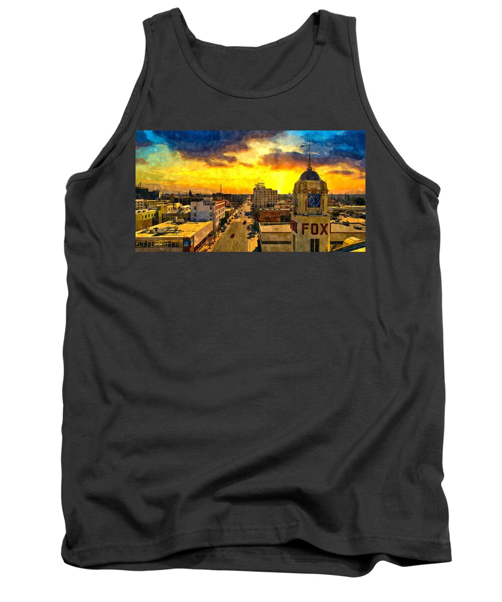 Bakersfield Tank Top featuring the digital art Panorama of downtown Bakersfield, California - watercolor painting by Nicko Prints