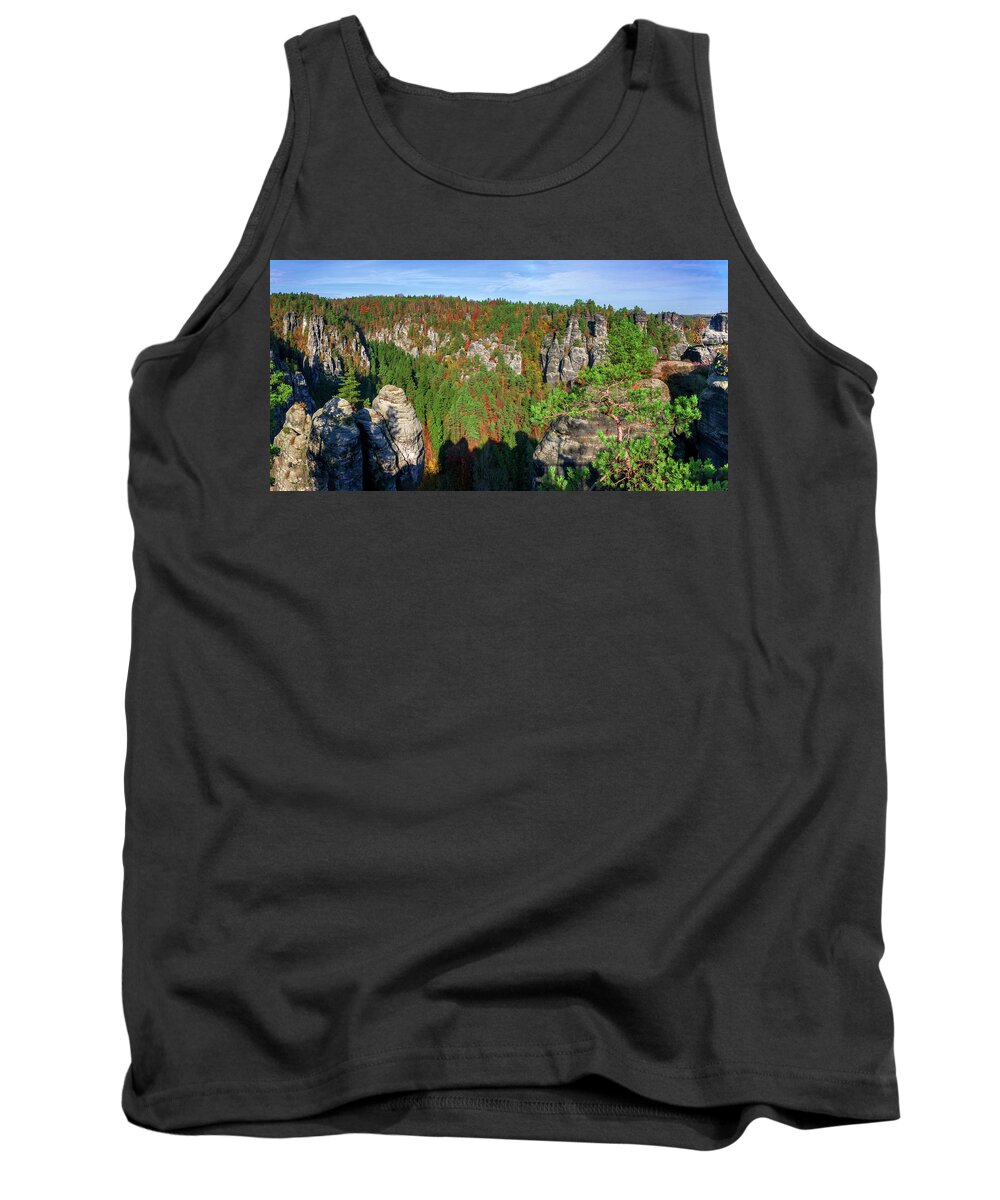 Saxon Switzerland Tank Top featuring the photograph Panoramic view of the Elbe Sandstone Mountains by Sun Travels
