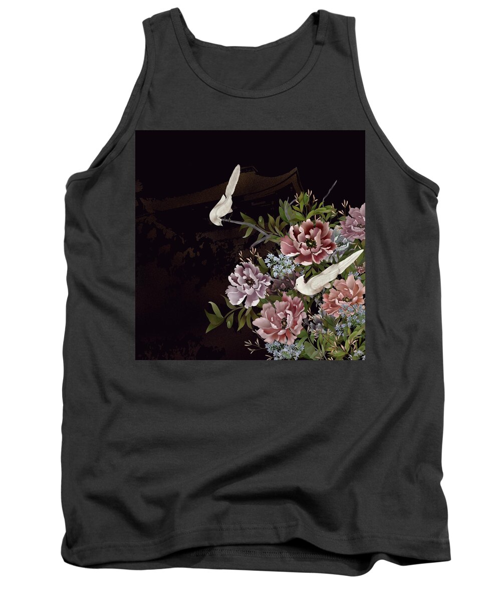 Chinoiserie Tank Top featuring the digital art Peonies and Birds Glitter Temple Chinoiserie by Sand And Chi