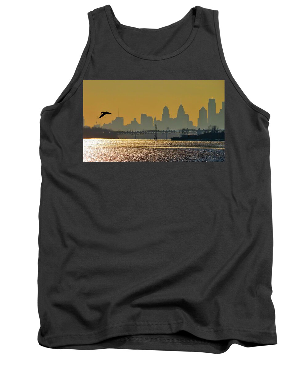 Philadelphia Tank Top featuring the photograph Philadelphia Skyline with Gull at Sunset as Seen from Amico Island by Linda Stern