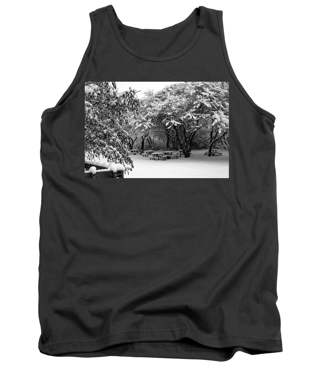 Black & White Photography Tank Top featuring the photograph Picnic Under Snow Branches by Deb Beausoleil