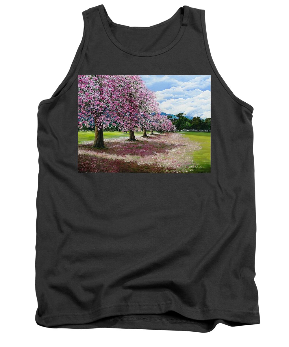 Pink Poui Trees Tank Top featuring the painting Pink Savannah Poui by Karin Dawn Kelshall- Best