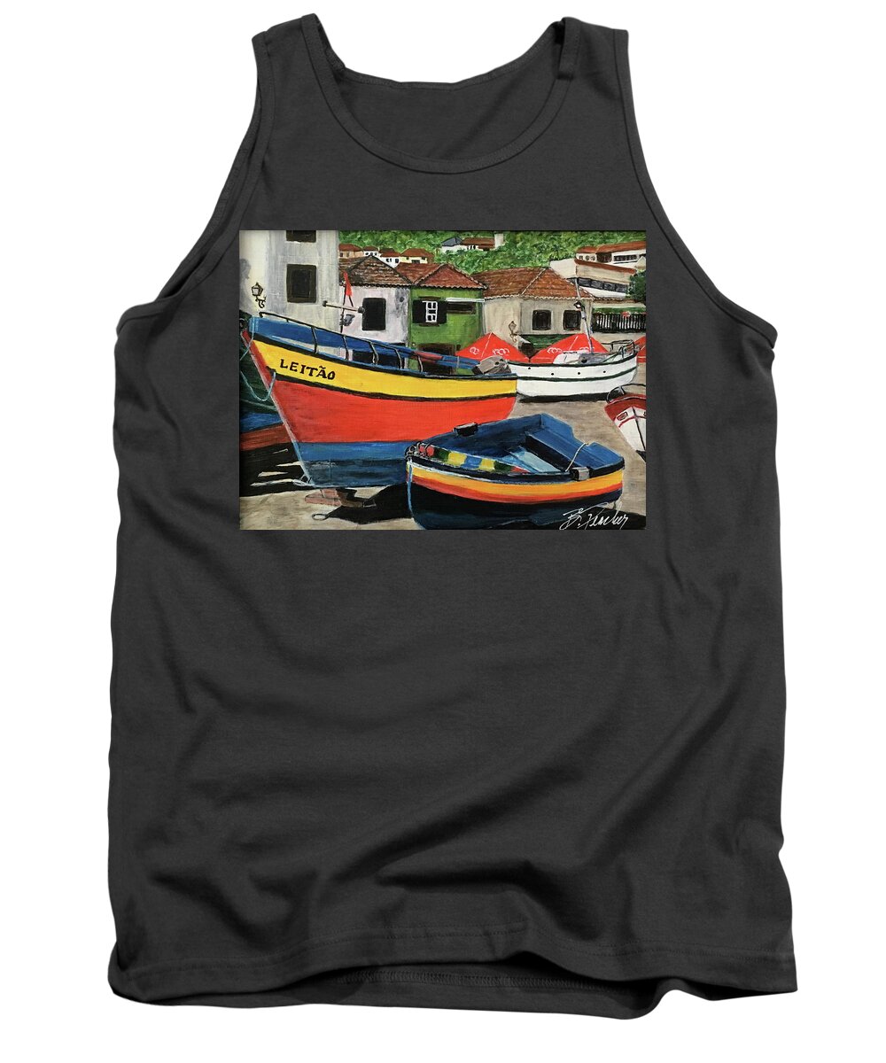 Portugul Tank Top featuring the painting Portuguese Fishing Boats by Bonnie Peacher