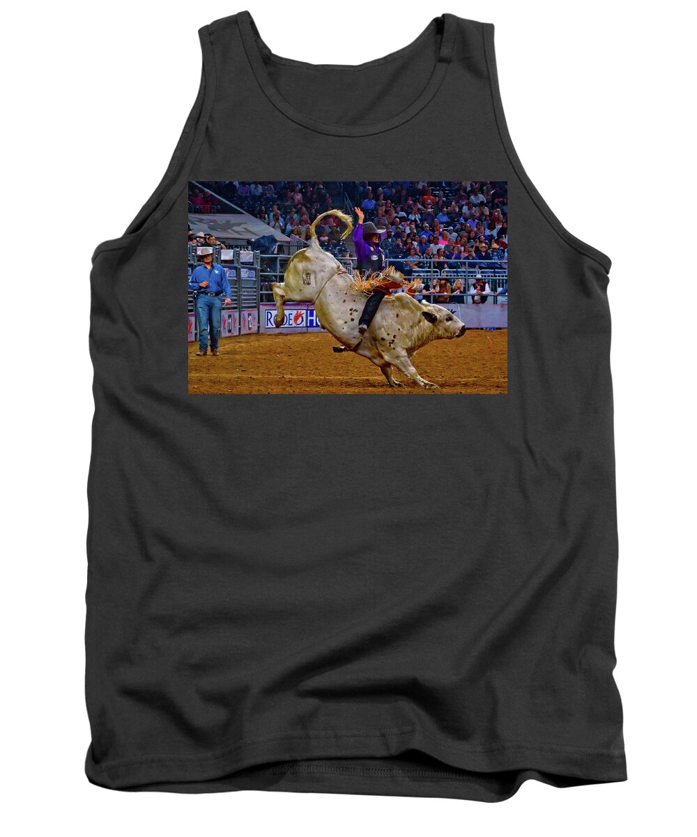 Houston Livestock Show And Rodeo Tank Top featuring the photograph Purple Bull Rider by Linda Unger