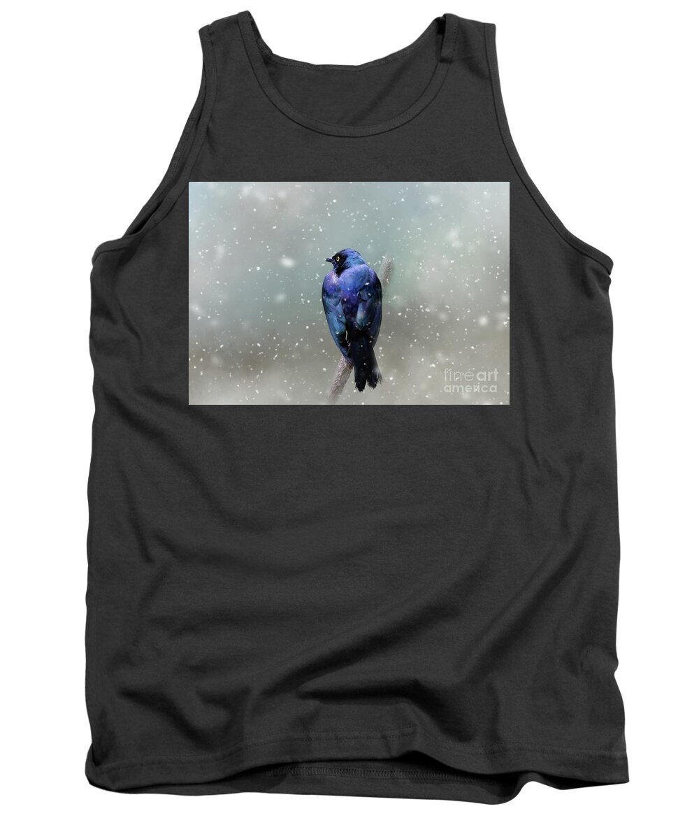 Purple Glossy Starling Tank Top featuring the photograph Purple Glossy Starling in Winter by Eva Lechner