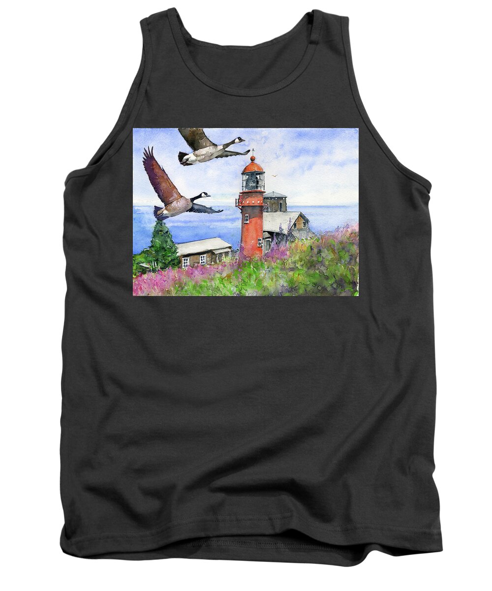Quebec Lighthouse Tank Top featuring the painting Quebec Lighthouse by John D Benson
