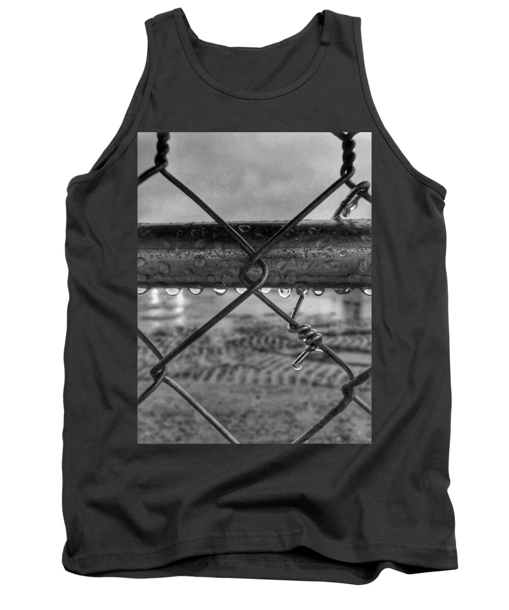 Landscape Tank Top featuring the photograph Raindrops on Fence in Black and White by Michael Dean Shelton